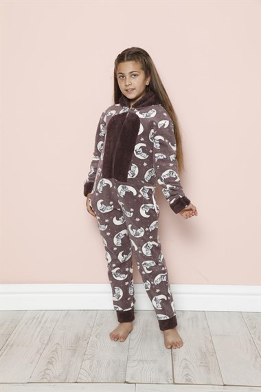 SEBOTEKS Ayıcık Desenli Peluş Polar Kapüşonlu Fermuarlı Kız Çocuk Tulum Pijama 20244