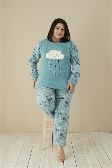 SEBOTEKS Bulut Desenli Cepli Peluş Polar Büyük Beden Kadın Pijama Takımı 20170