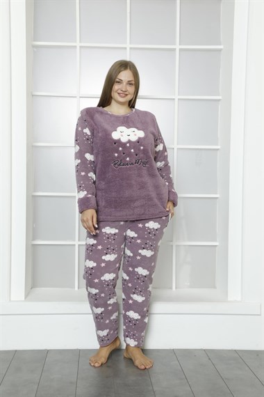 SEBOTEKS Bulut Desenli Cepli Peluş Polar Büyük Beden Kadın Pijama Takımı 20237