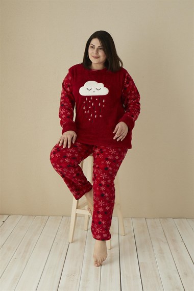 SEBOTEKS Bulut Desenli Cepli Peluş Polar Büyük Beden Kadın Pijama Takımı 20170