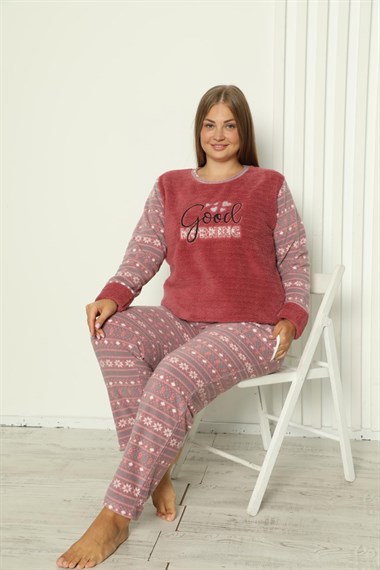 SEBOTEKS Good Morning Cepli Peluş Polar Büyük Beden Kadın Pijama Takımı 20284