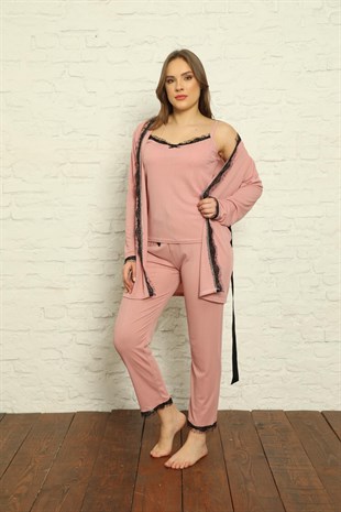 SEBOTEKS İp Askılı Güpür Detaylı Sabahlıklı 3lü Pijama Takımı 20572