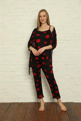 SEBOTEKS İp Askılı Sabahlıklı 3lü Kadın Pijama Takımı 20594