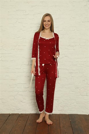 SEBOTEKS İp Askılı Sabahlıklı 3'lü Kadın Pijama Takımı 20592
