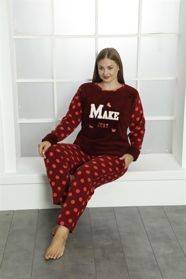 SEBOTEKS Make Puantiyeli Cepli Peluş Polar Büyük Beden Kadın Pijama Takımı 20281