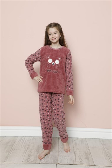 SEBOTEKS Pati Desenli Peluş Polar Kız Çocuk Pijama Takımı 20239