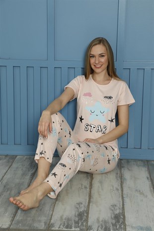 SEBOTEKS Star Desenli Kısa Kol Pamuklu Kadın Pijama Takımı 20503