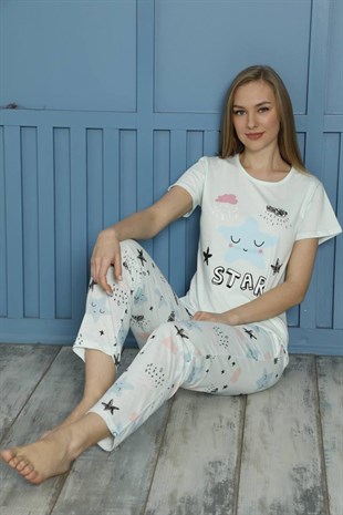 SEBOTEKS Star Desenli Kısa Kol Pamuklu Kadın Pijama Takımı 20503