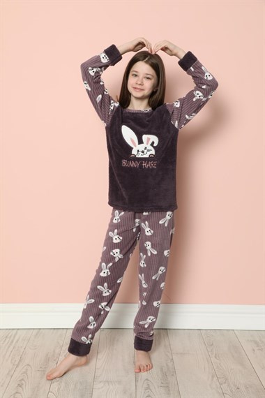 SEBOTEKS Tavşan Desenli Peluş Polar Kız Çocuk Pijama Takımı 20206