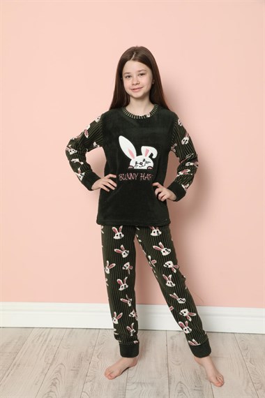 SEBOTEKS Tavşan Desenli Peluş Polar Kız Çocuk Pijama Takımı 20206