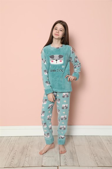 SEBOTEKS Winter Dog Desenli Peluş Polar Kız Çocuk Pijama Takımı 20205