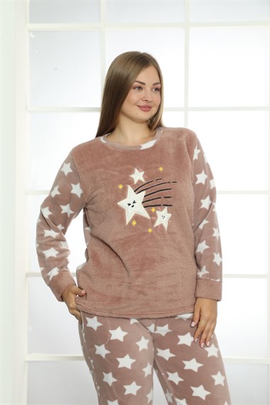 SEBOTEKS Yıldız Desenli Cepli Peluş Polar Büyük Beden Kadın Pijama Takımı 20296